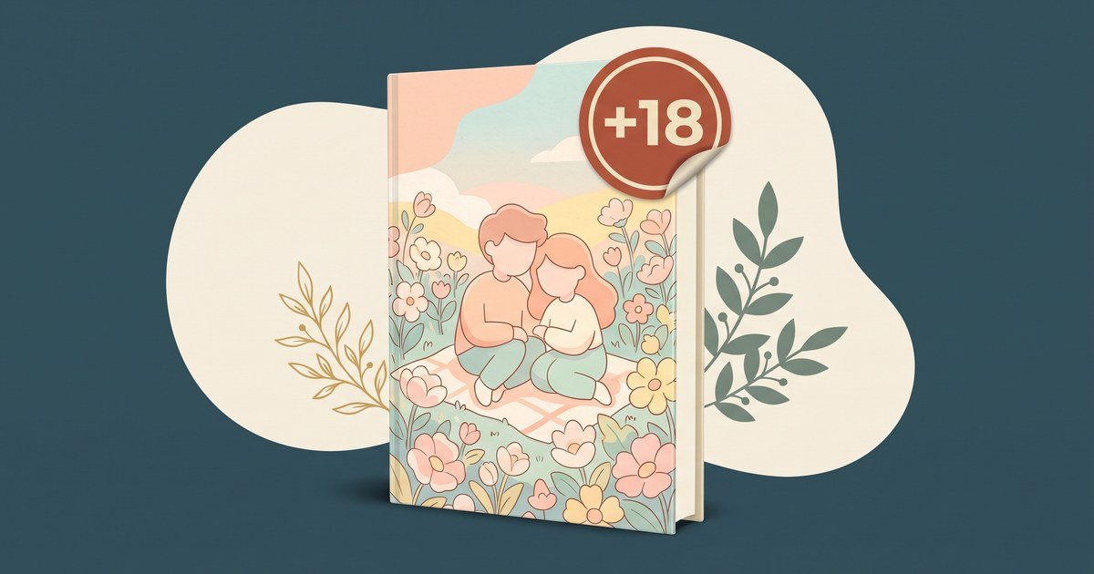 Livro de capa ilustrada em tons pastel com um selo +18 colado no canto