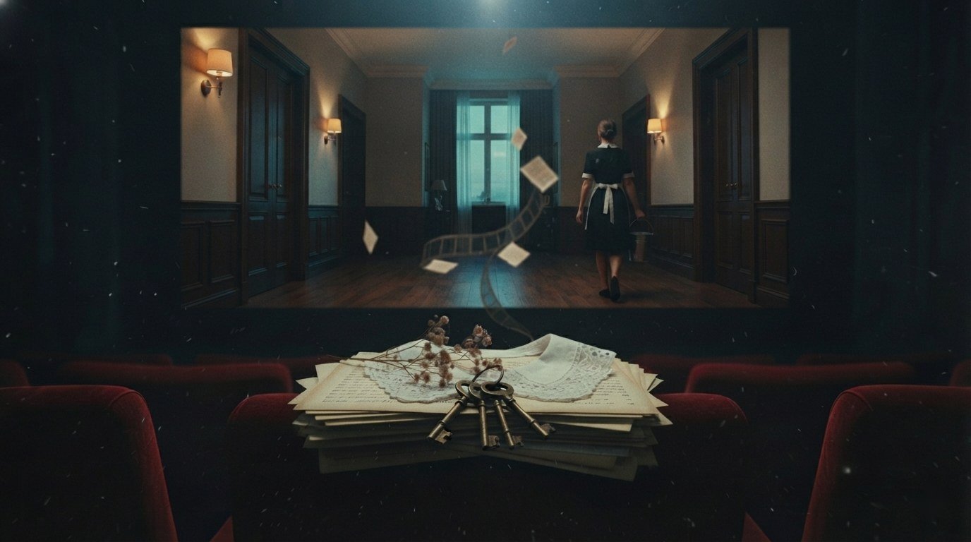 Pilha de folhas com chaves antigas, colarinho de renda e ramo seco numa sala de cinema, com uma empregada num corredor de mansão no ecrã, ilustrando o livro vs filme A Criada (The Housemaid)