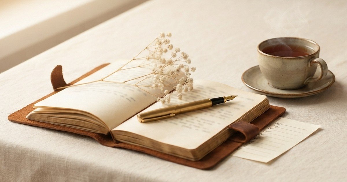 Caderno aberto com caneta e ramo seco ao lado de uma chávena de chá
