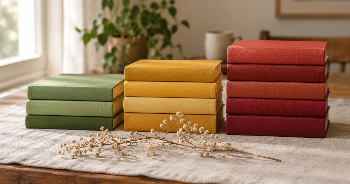 Três pilhas de livros em tons de verde, amarelo e vermelho sobre uma mesa de madeira com um ramo seco de gipsófila