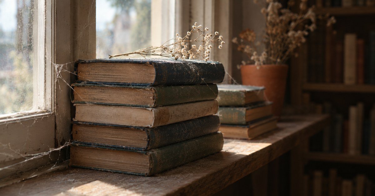 Pilha de livros antigos com pó e teias de aranha numa janela, com um ramo seco de gipsófila