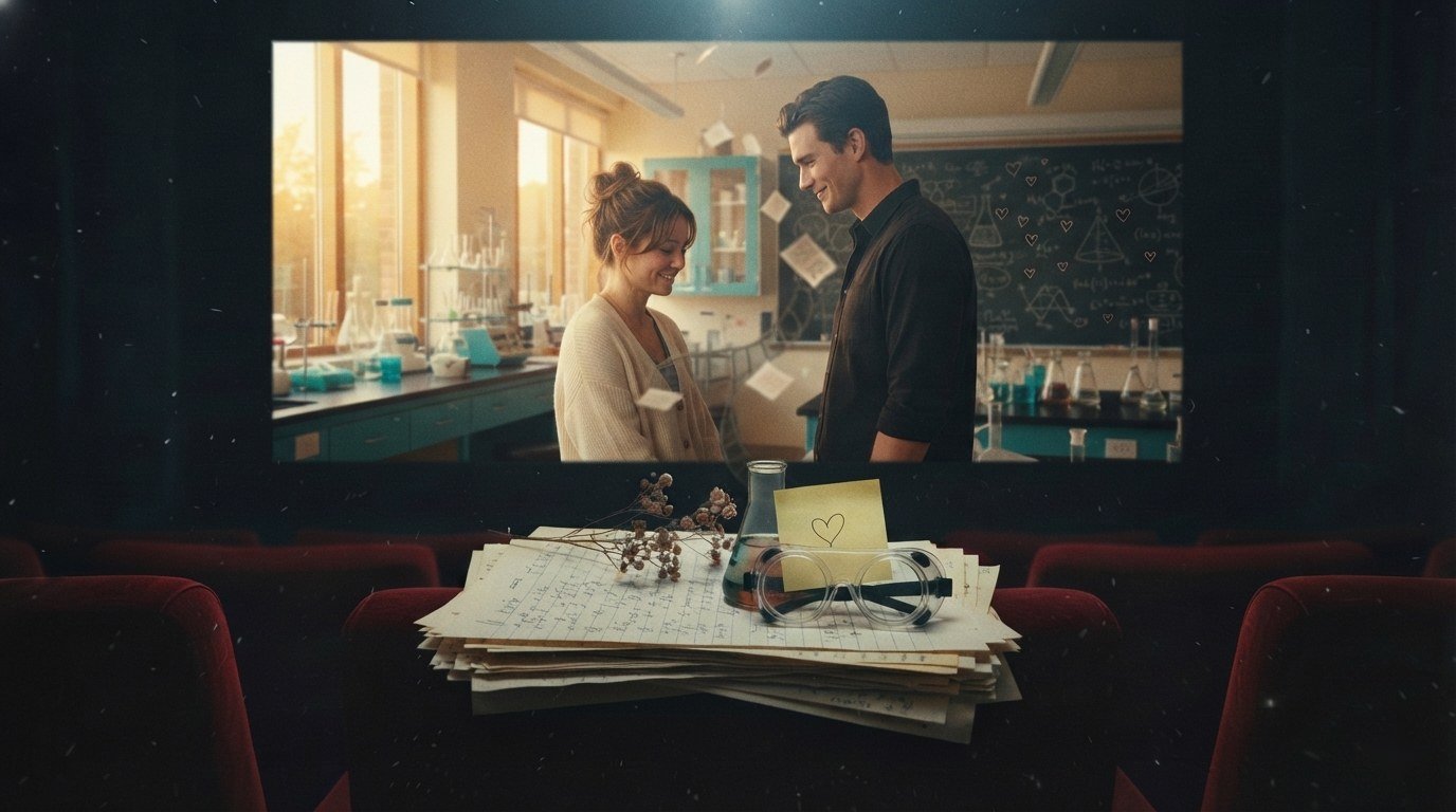 Pilha de folhas com frasco de laboratório, óculos de proteção e ramo seco numa sala de cinema, com um casal num laboratório universitário no ecrã, ilustrando o livro vs filme The Love Hypothesis