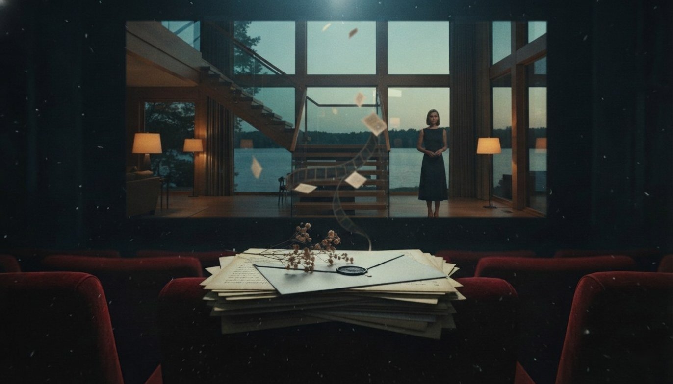 Pilha de manuscrito com carta selada e ramo seco numa sala de cinema, com a cena de uma mulher numa casa junto ao lago no ecrã, ilustrando o livro vs filme Verity